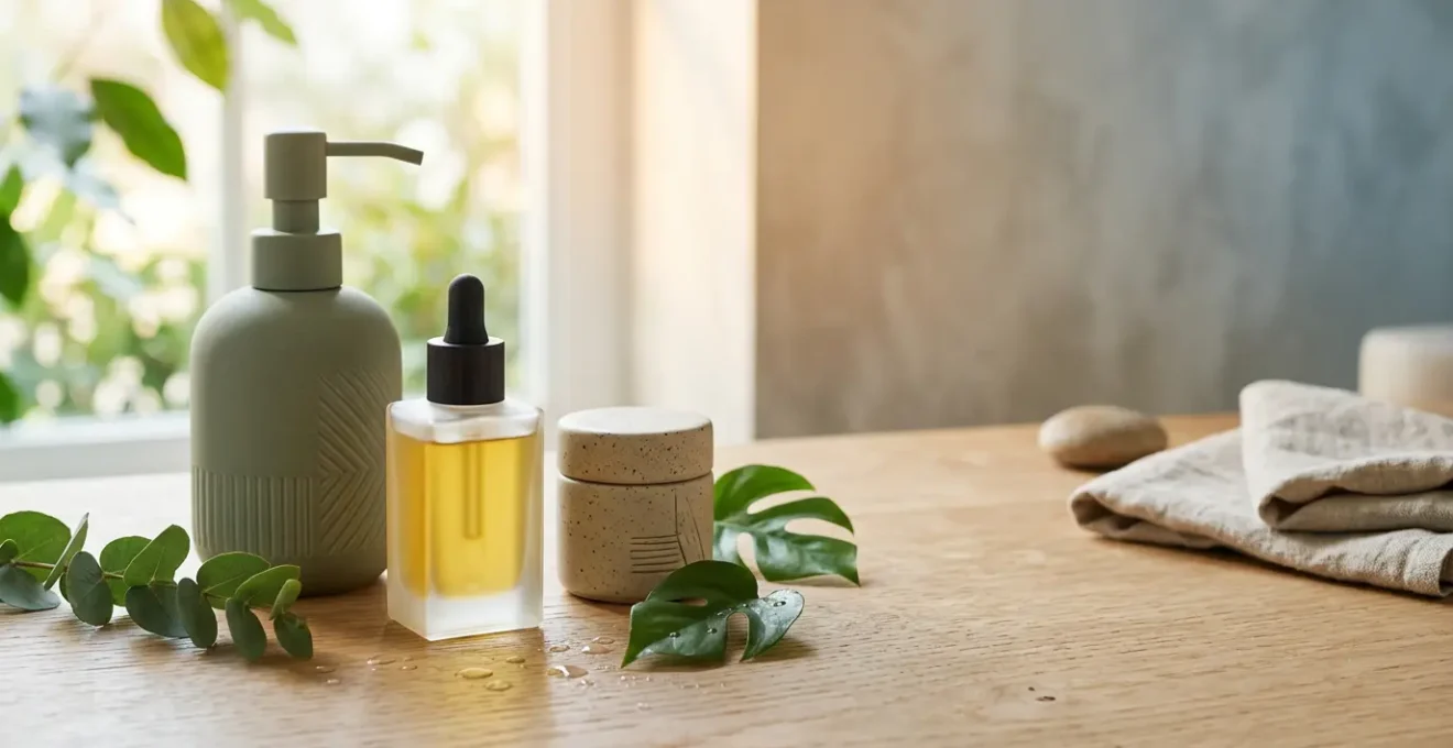 Composition minimaliste montrant des textures de produits de soin pour une routine matinale