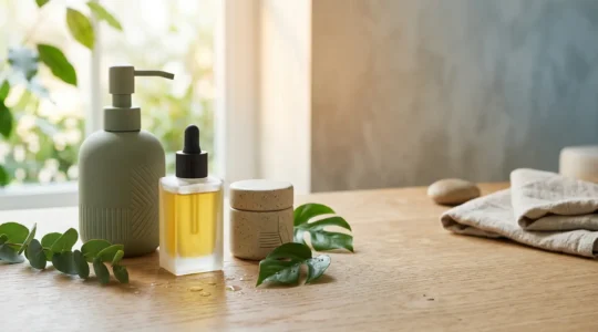 Composition minimaliste montrant des textures de produits de soin pour une routine matinale