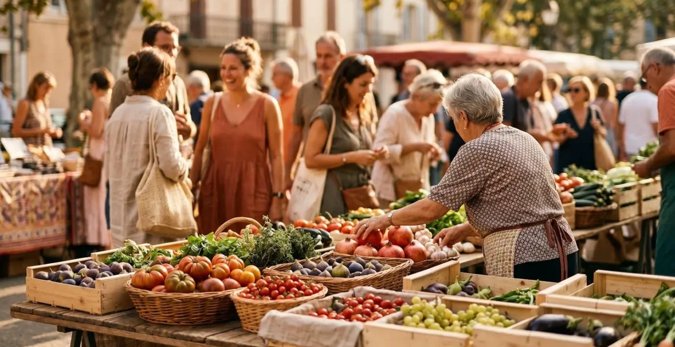Scène de marché provençal en septembre avec lumière dorée et ambiance paisible