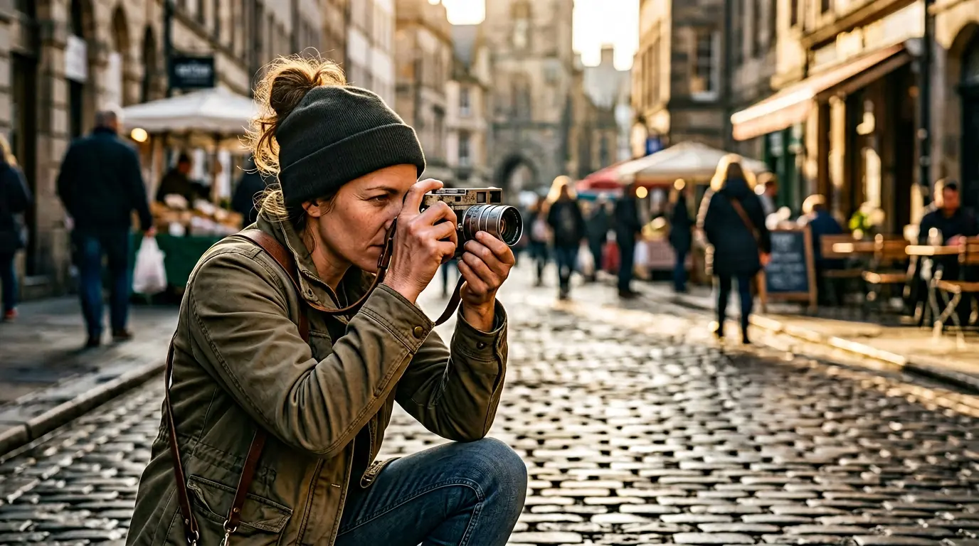 Photographe documentaire capturant une scène de rue locale avec un appareil photo argentique, lumière dorée du matin