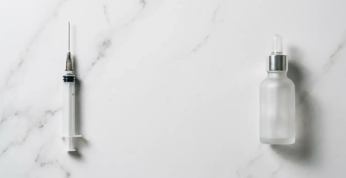 Composition minimaliste comparant une seringue médicale et un flacon de crème cosmétique à l'acide hyaluronique pour illustrer le choix entre injection et application topique