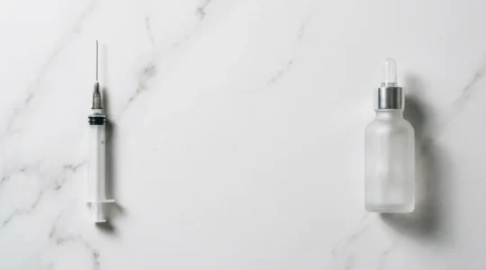 Composition minimaliste comparant une seringue médicale et un flacon de crème cosmétique à l'acide hyaluronique pour illustrer le choix entre injection et application topique