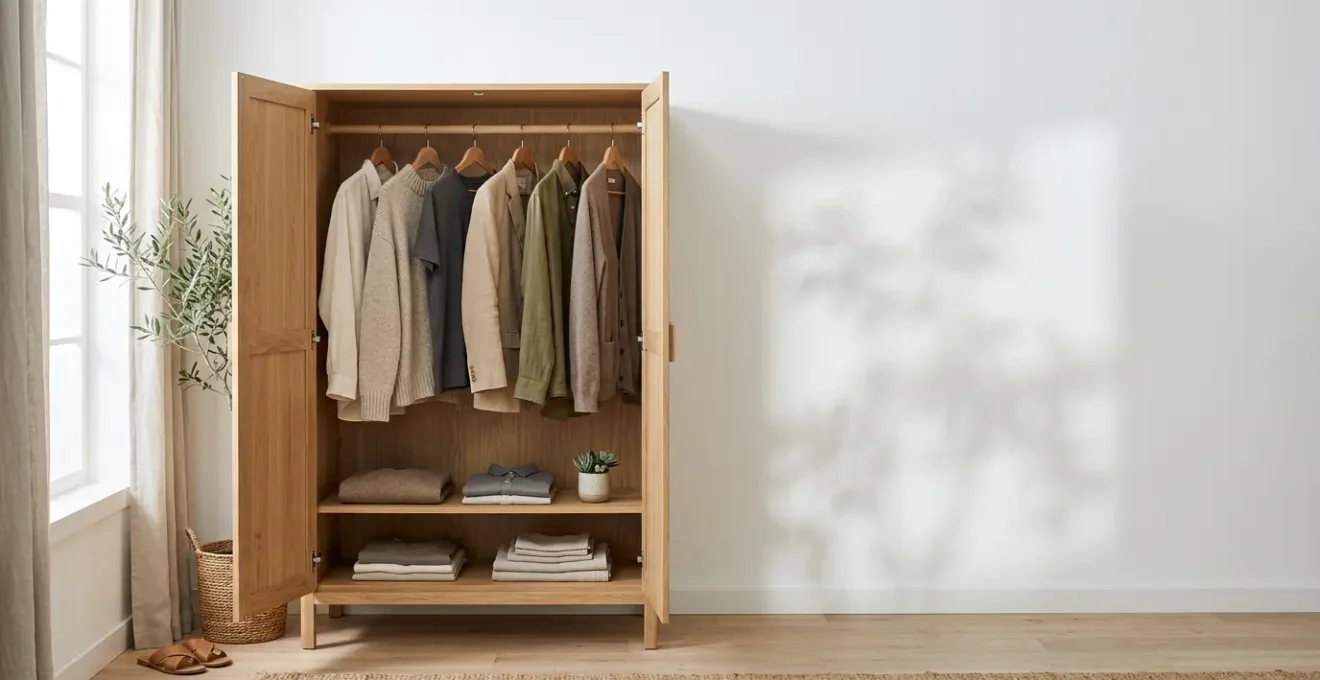 Une garde-robe minimaliste ouverte montrant des vêtements de qualité en matières naturelles soigneusement rangés
