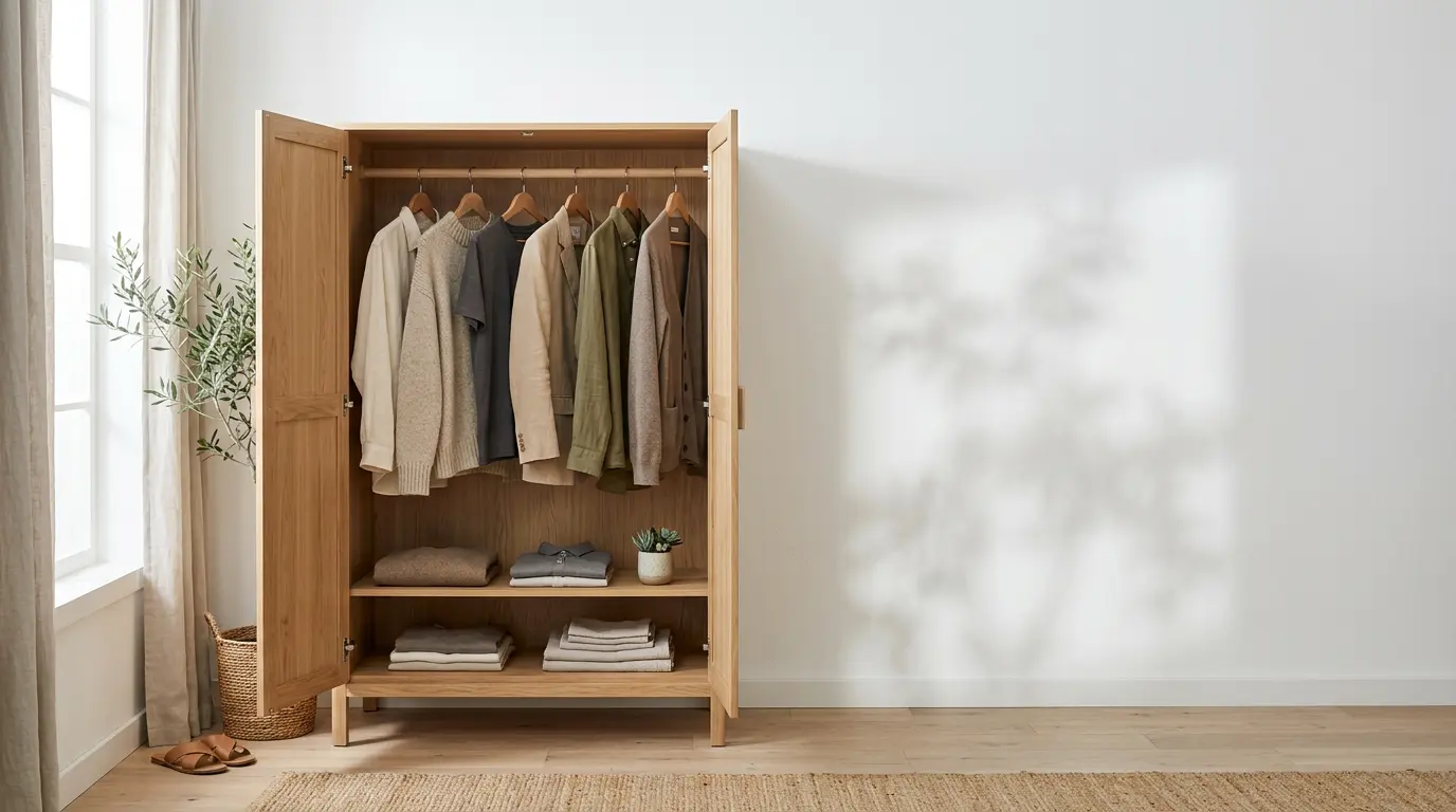 Une garde-robe minimaliste ouverte montrant des vêtements de qualité en matières naturelles soigneusement rangés