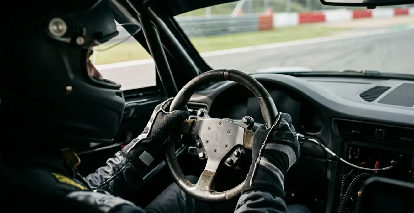 Pilote concentré au volant sur circuit automobile, expérience immersive de conduite sportive
