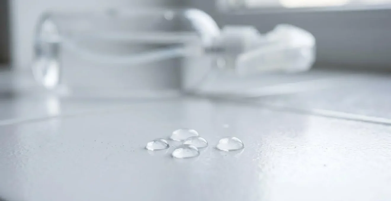 Chronomètre et spray désinfectant sur une surface de cuisine illustrant le temps de contact nécessaire