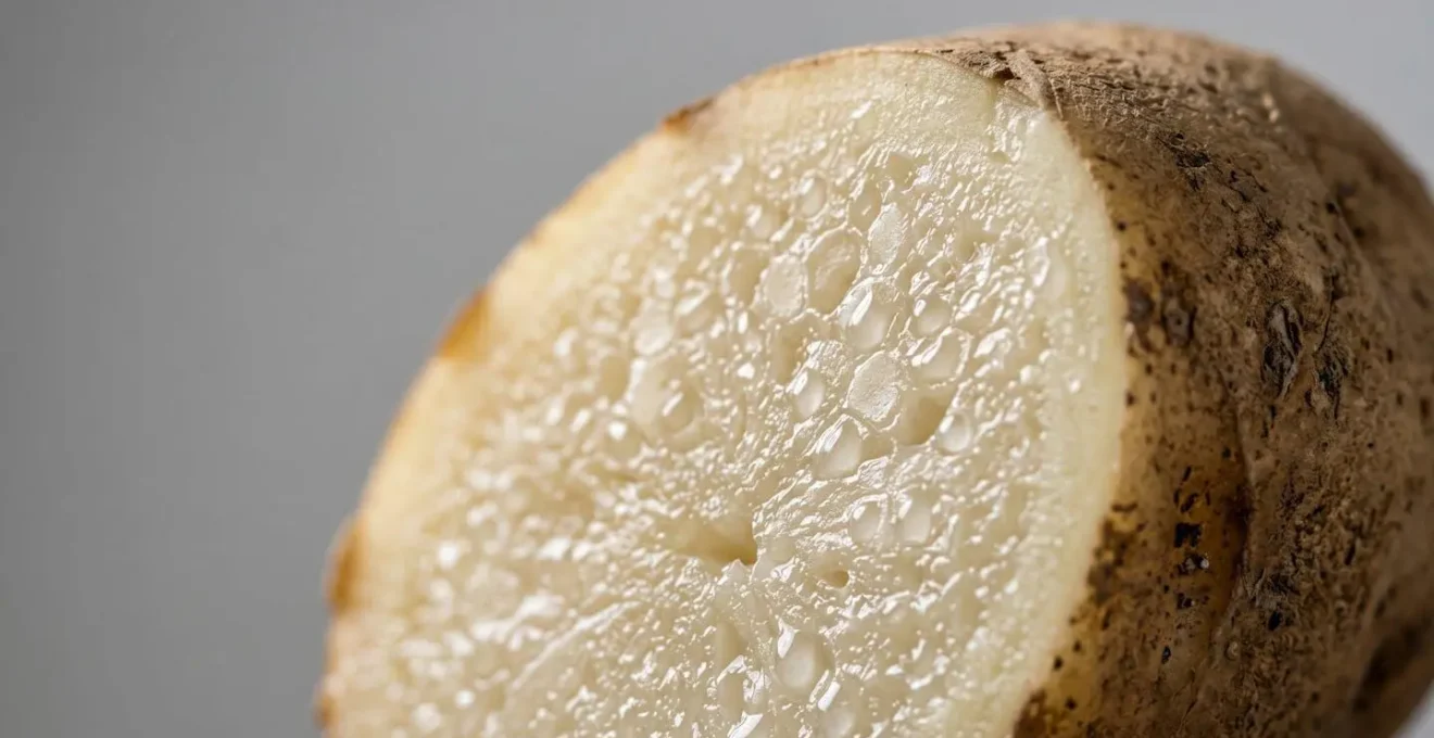 Gros plan macro sur la texture d'une pomme de terre illustrant la transformation de l'amidon