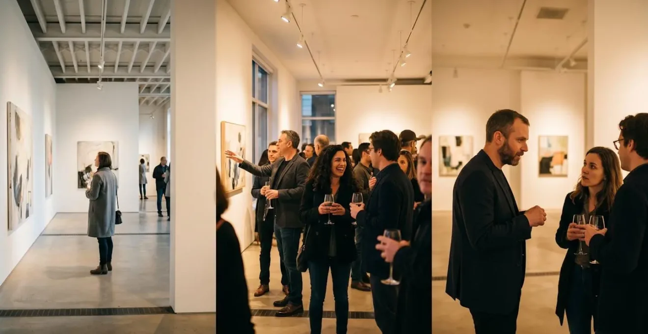 Trois scènes successives d'un vernissage montrant l'évolution de l'atmosphère au fil de la soirée