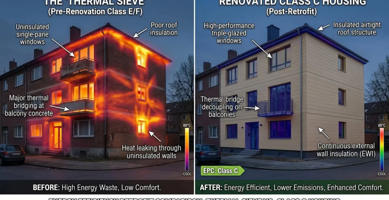 Comparaison visuelle entre une passoire thermique et un logement rénové classe C