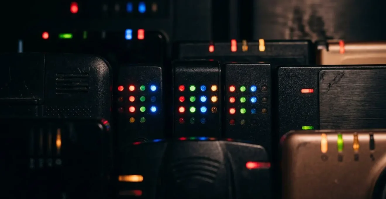 Gros plan macro sur les voyants LED lumineux d'appareils en veille dans l'obscurité
