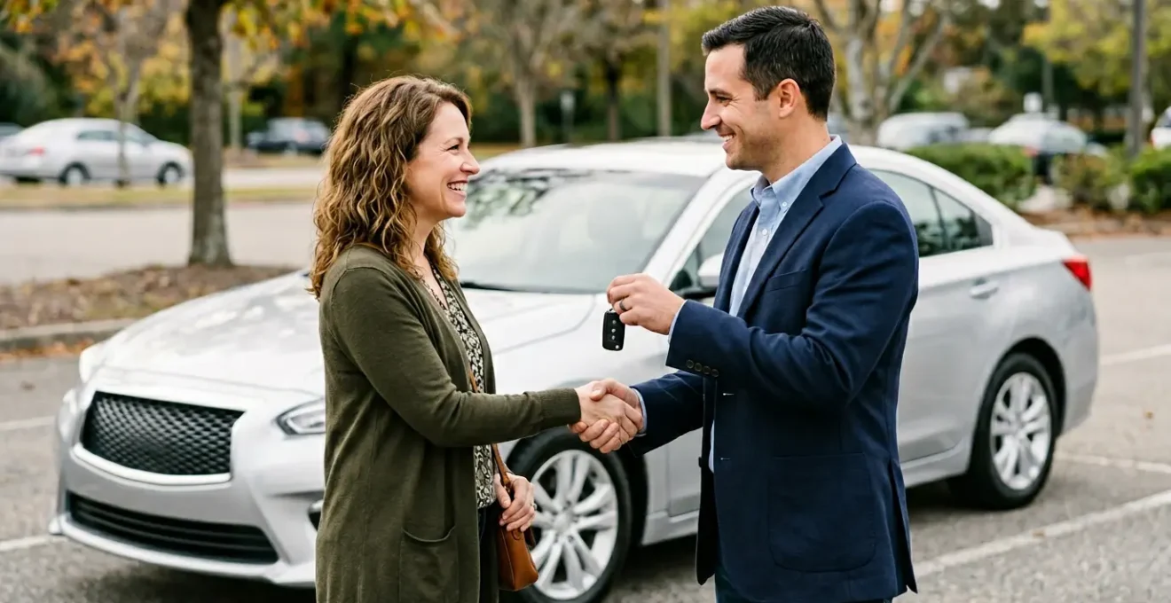 Vente de voiture entre particuliers avec négociation réussie sur un parking