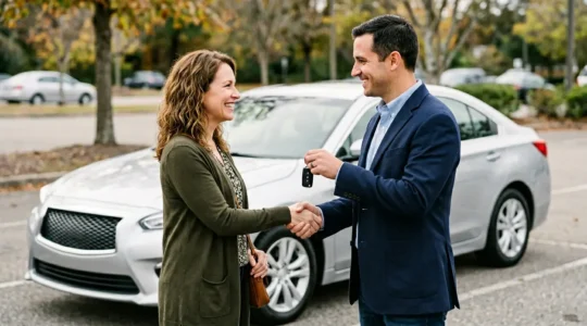 Vente de voiture entre particuliers avec négociation réussie sur un parking