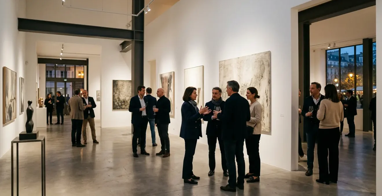 Vue d'ensemble d'un vernissage dans une galerie parisienne avec des visiteurs observant des œuvres sur des murs blancs éclairés