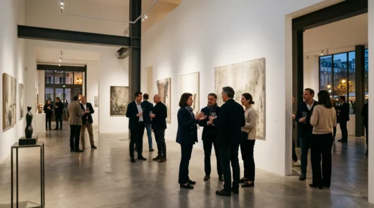 Vue d'ensemble d'un vernissage dans une galerie parisienne avec des visiteurs observant des œuvres sur des murs blancs éclairés