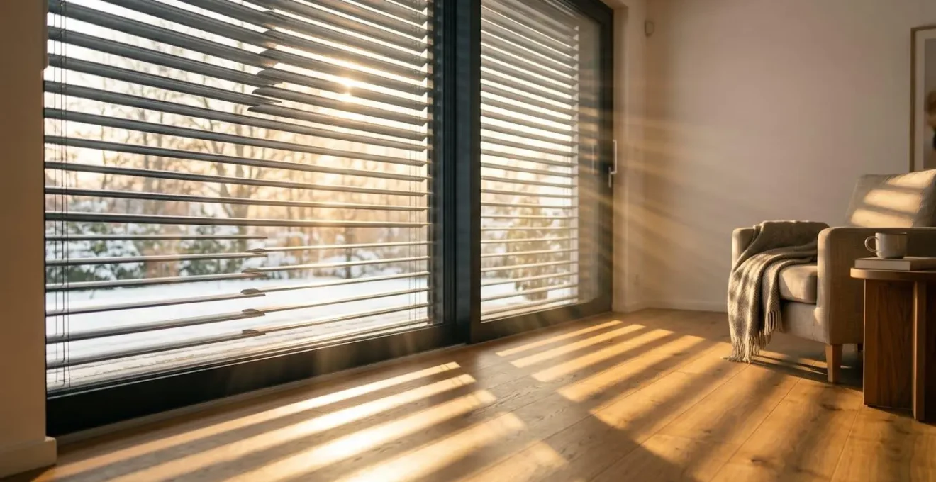 Volets roulants automatisés s'ouvrant avec les rayons du soleil d'hiver traversant une baie vitrée