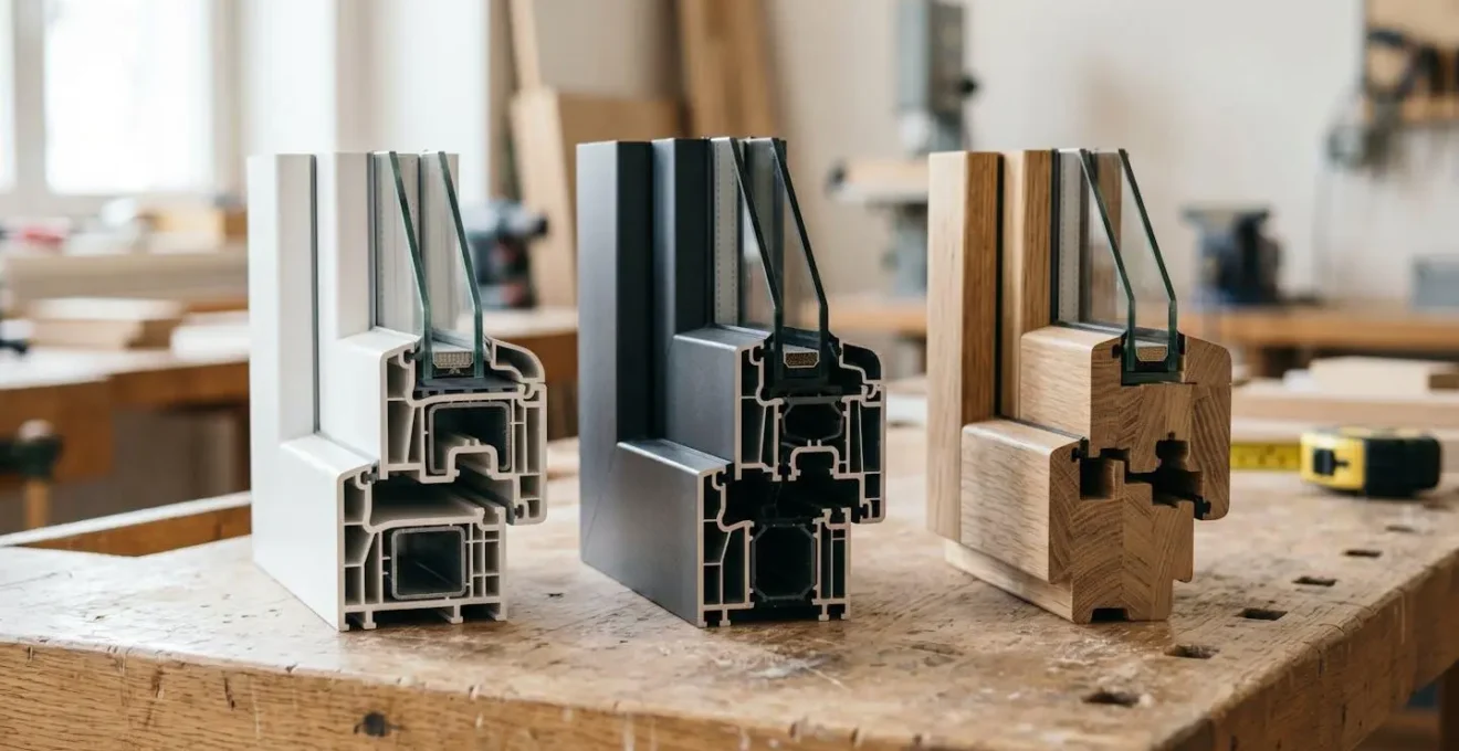 Gros plan sur trois types de profilés de fenêtres côte à côte : PVC blanc, aluminium anthracite à rupture de pont thermique, et bois naturel, dans un atelier de menuiserie québécois