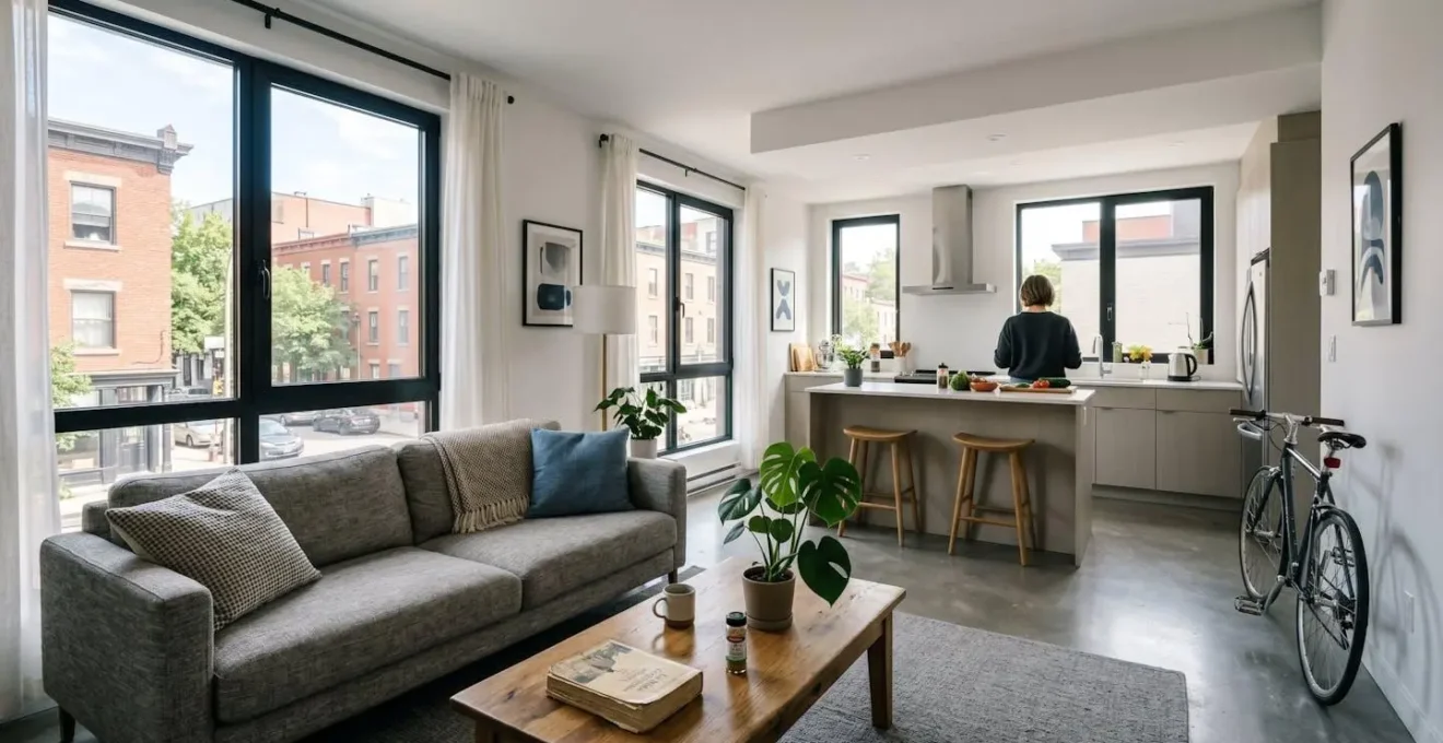 Intérieur d'un appartement moderne à aire ouverte avec salon et cuisine, grande fenêtre laissant entrer la lumière naturelle, décor contemporain sobre avec détails de vie quotidienne