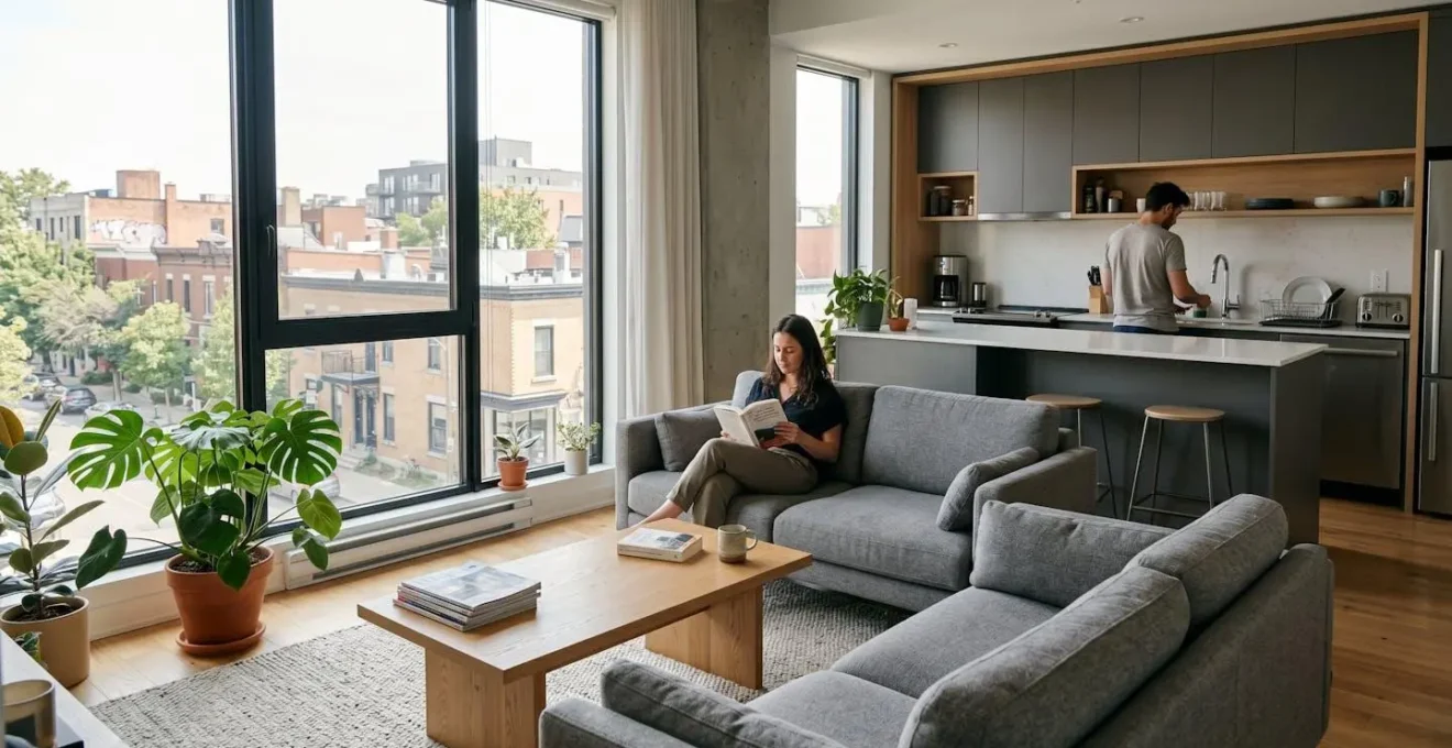 Intérieur d'un appartement moderne à aire ouverte avec salon et cuisine, grande fenêtre laissant entrer la lumière naturelle, décor contemporain sobre avec détails de vie quotidienne