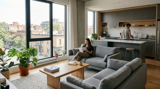 Intérieur d'un appartement moderne à aire ouverte avec salon et cuisine, grande fenêtre laissant entrer la lumière naturelle, décor contemporain sobre avec détails de vie quotidienne
