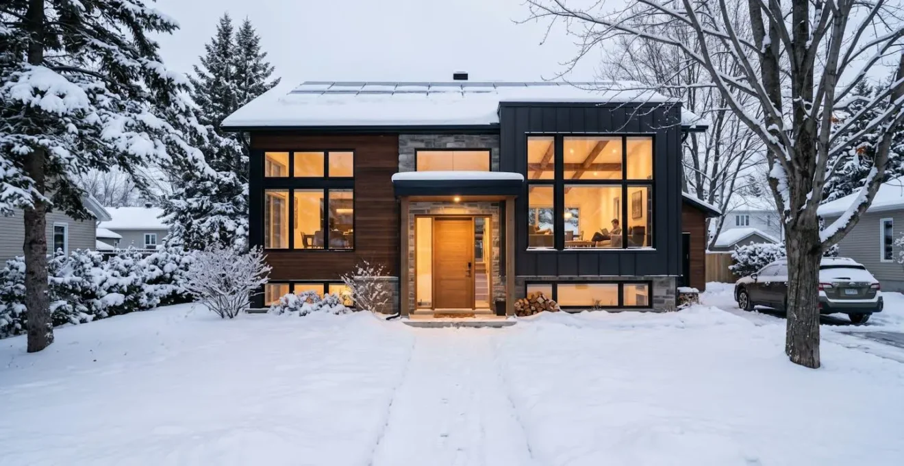 Façade d'une maison contemporaine écoresponsable sur la Rive-Sud de Montréal en hiver, avec fenêtres à triple vitrage et porte d'entrée en bois composite