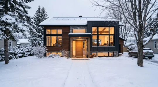 Façade d'une maison contemporaine écoresponsable sur la Rive-Sud de Montréal en hiver, avec fenêtres à triple vitrage et porte d'entrée en bois composite