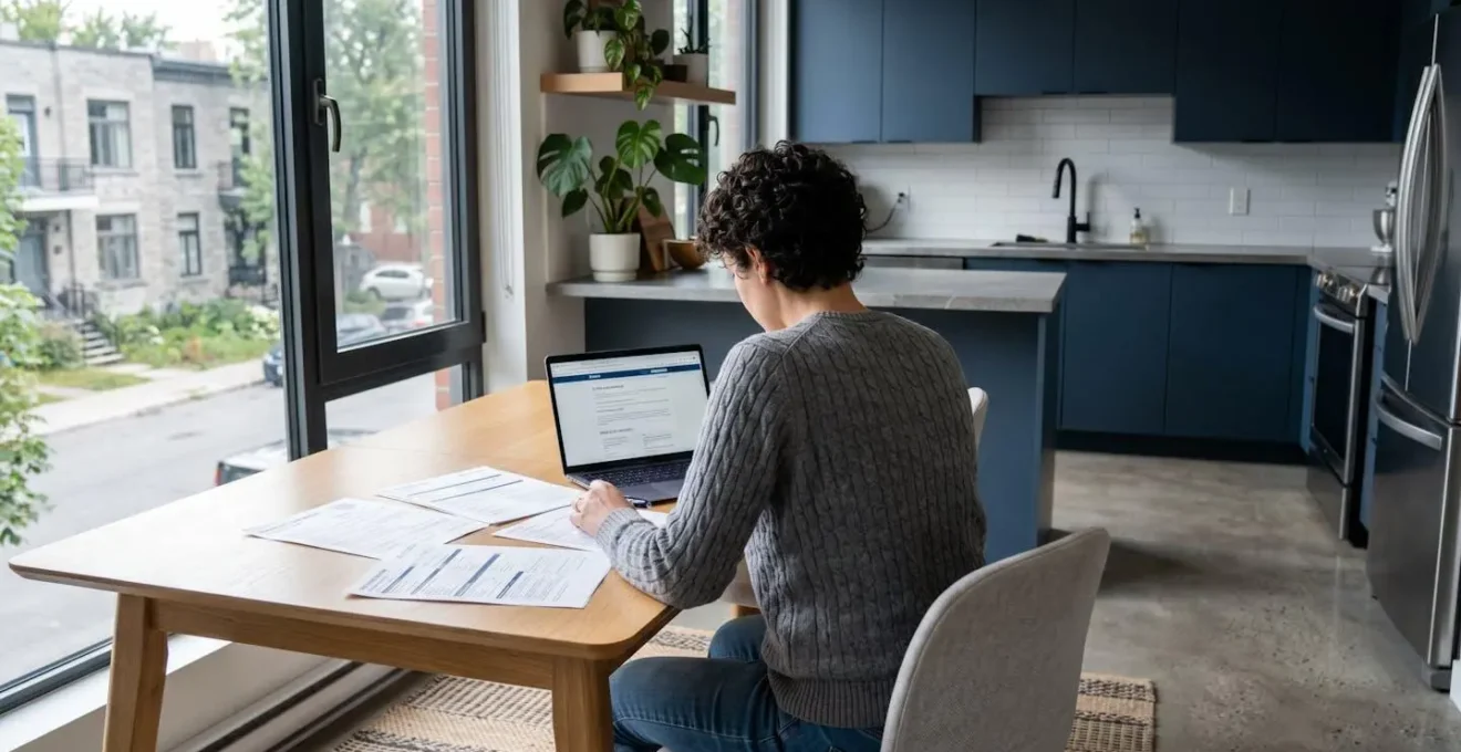 Personne de dos assise à une table de cuisine moderne, consultant des documents d'assurance et un écran d'ordinateur portable, lumière naturelle de fenêtre, intérieur résidentiel contemporain