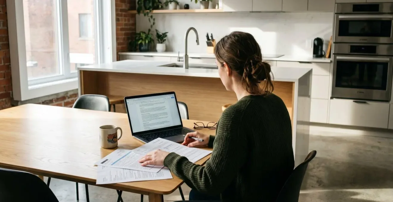 Personne de dos assise à une table de cuisine moderne, consultant des documents d'assurance et un écran d'ordinateur portable, lumière naturelle de fenêtre, intérieur résidentiel contemporain