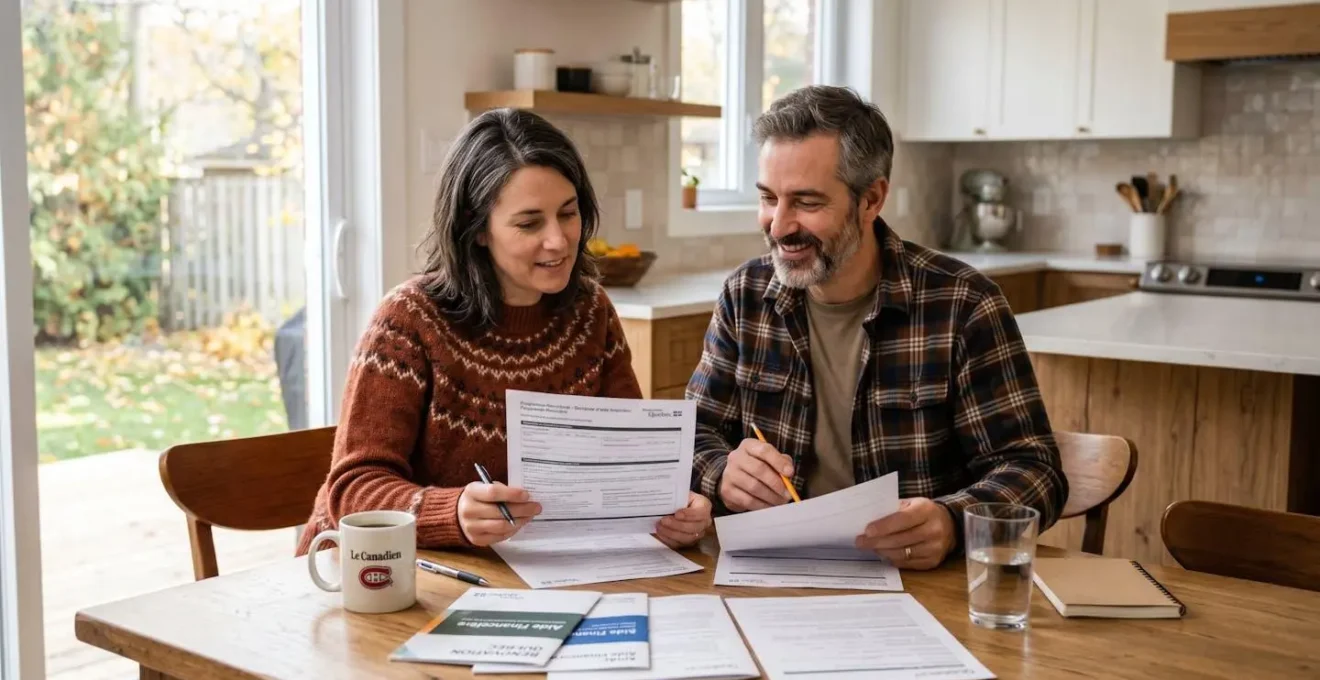 Couple québécois consultant des documents de demande de subvention gouvernementale pour leur projet de rénovation énergétique à la table de leur cuisine moderne