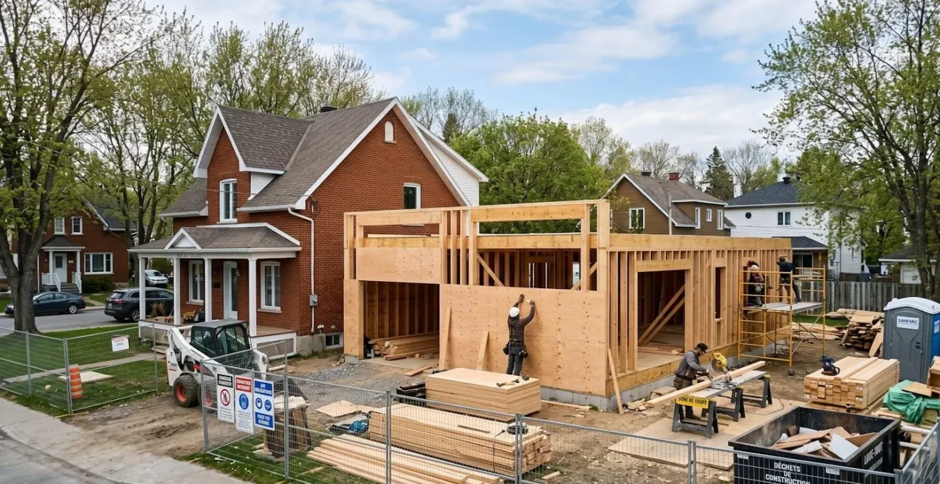 Chantier d'agrandissement résidentiel à Trois-Rivières avec extension horizontale en construction, structure bois apparente et maison existante adjacente