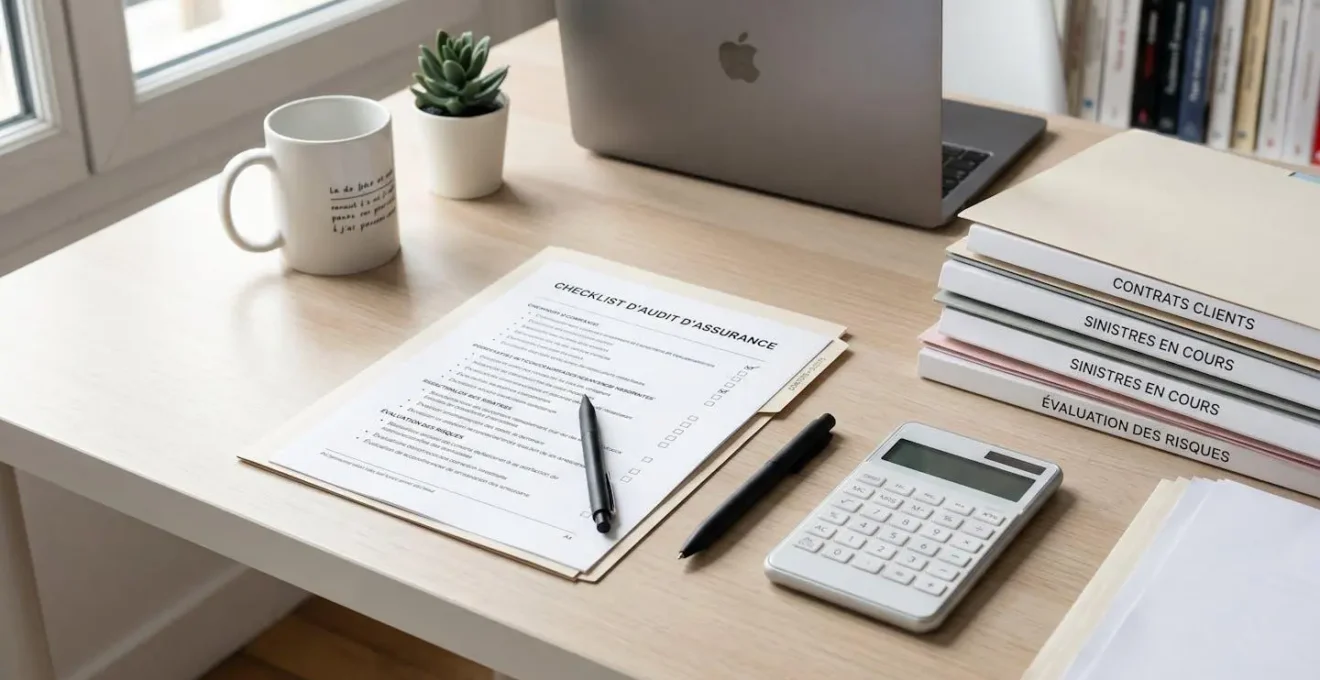 Checklist d'audit d'assurance entreprise posée sur un bureau organisé avec documents