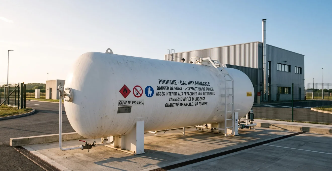 Citerne de stockage propane aérienne de grande capacité sur plateforme bétonnée d'un site industriel français, avec marquages de sécurité réglementaires visibles et bâtiment industriel en arrière-plan