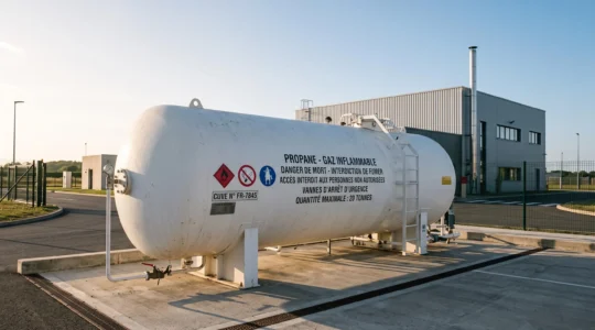 Citerne de stockage propane aérienne de grande capacité sur plateforme bétonnée d'un site industriel français, avec marquages de sécurité réglementaires visibles et bâtiment industriel en arrière-plan