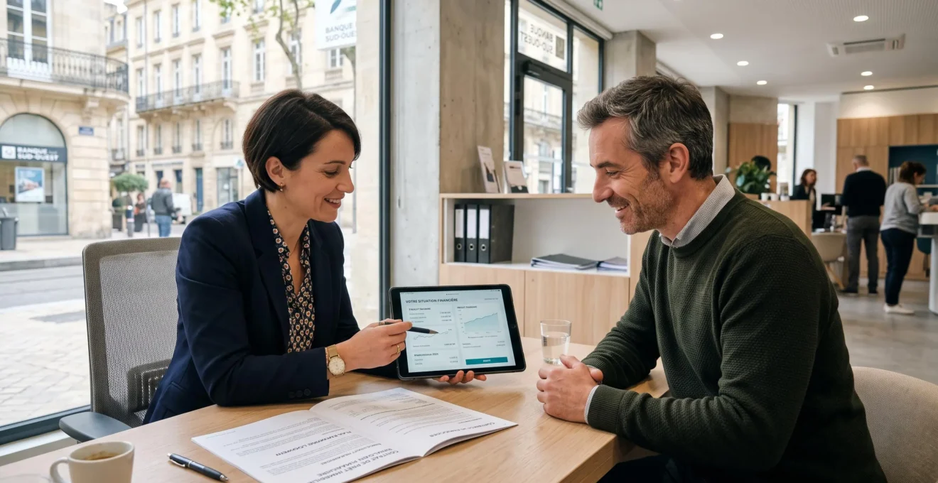 Conseillère bancaire et client en consultation face à face dans une agence bancaire moderne et lumineuse, échangeant autour de documents et d'une tablette sur un bureau contemporain