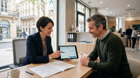 Conseillère bancaire et client en consultation face à face dans une agence bancaire moderne et lumineuse, échangeant autour de documents et d'une tablette sur un bureau contemporain