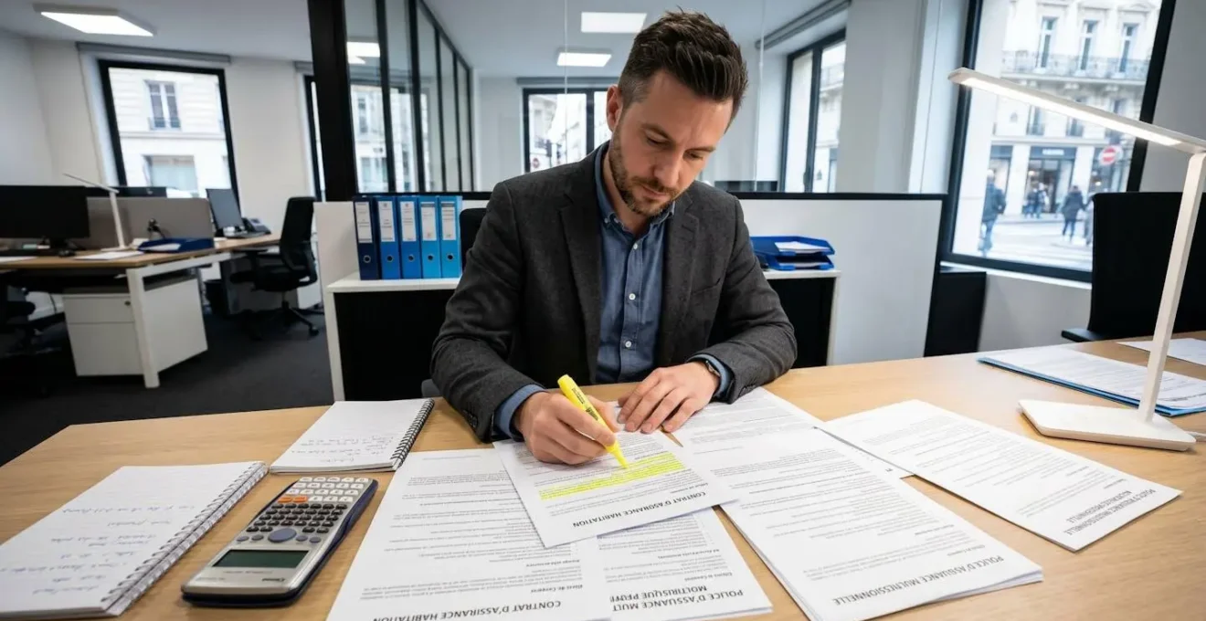 Consultant en assurance analysant des clauses contractuelles et surlignant les points importants