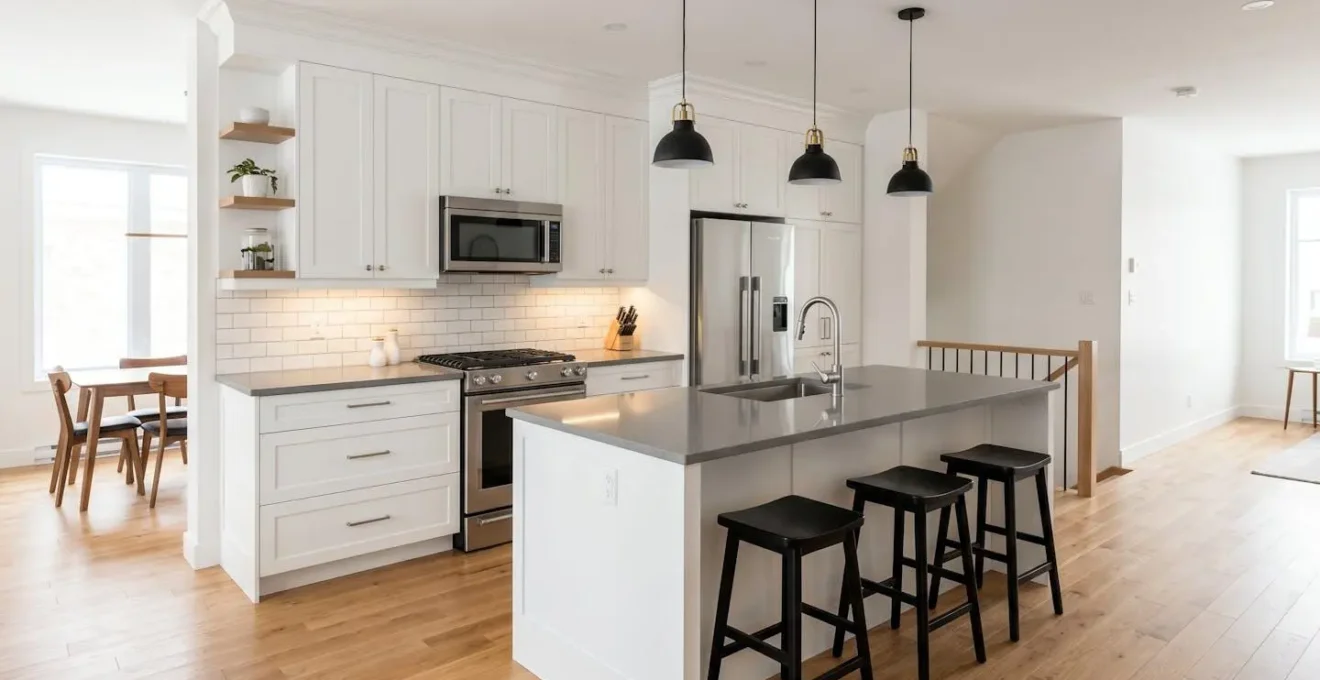 Cuisine rénovée moderne avec armoires blanches, comptoir quartz et électroménagers inox dans duplex montréalais