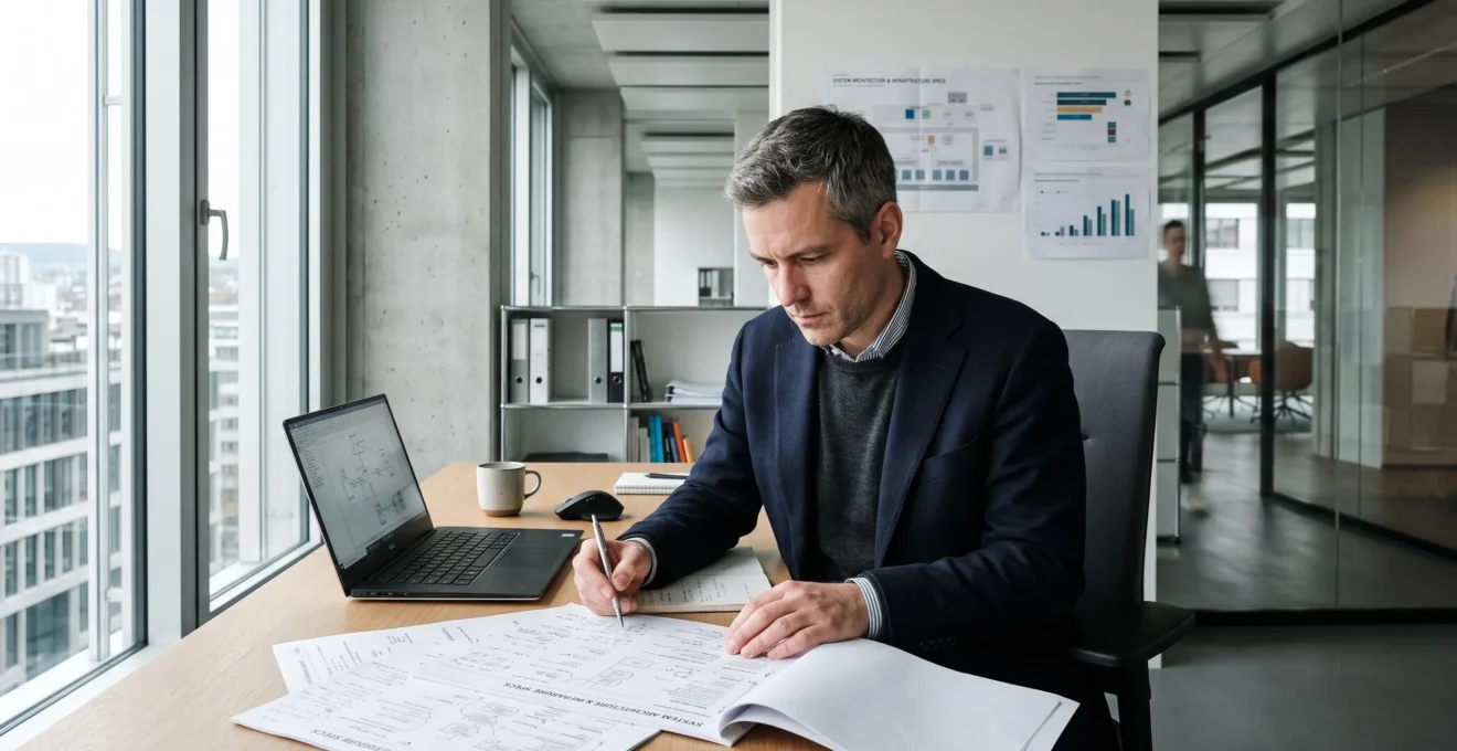 Directeur informatique analysant des documents techniques sur son bureau dans un bureau moderne, concentration sur une décision stratégique