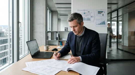 Directeur informatique analysant des documents techniques sur son bureau dans un bureau moderne, concentration sur une décision stratégique