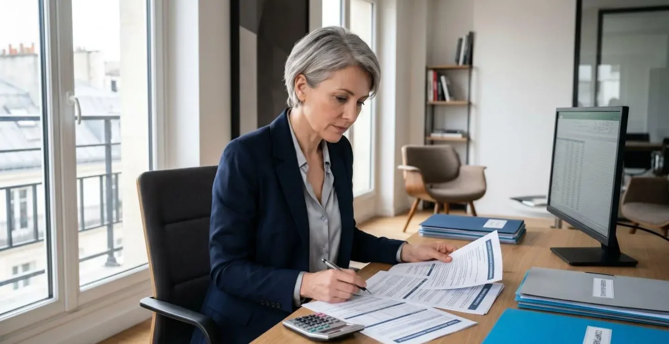 Dirigeant d'entreprise analysant des contrats d'assurance professionnelle dans un bureau moderne