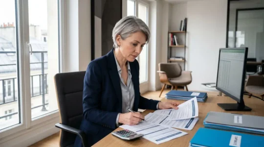 Dirigeant d'entreprise analysant des contrats d'assurance professionnelle dans un bureau moderne