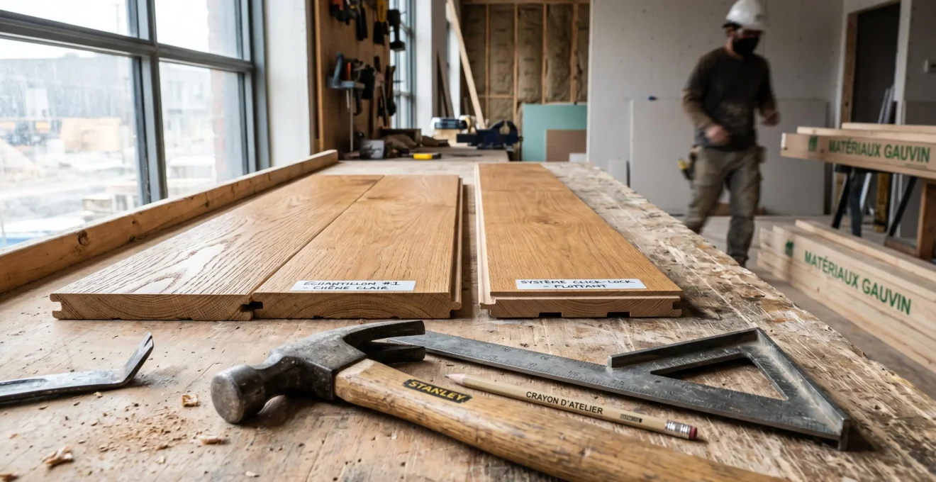 Échantillons de plancher de bois franc massif et de plancher flottant encliquetable côte à côte sur établi de chantier avec outils d'installation, dans atelier de rénovation au Québec