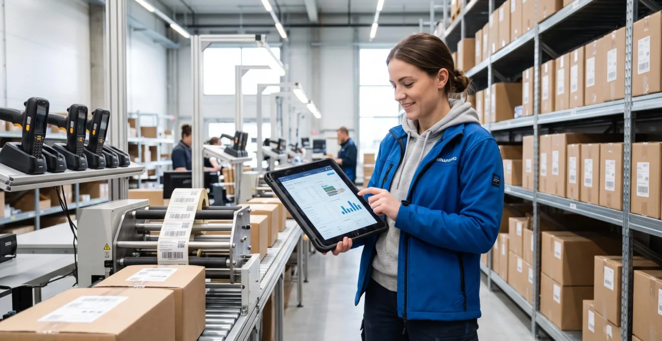 Employé d'entrepôt consultant des données produits sur tablette dans un environnement logistique moderne