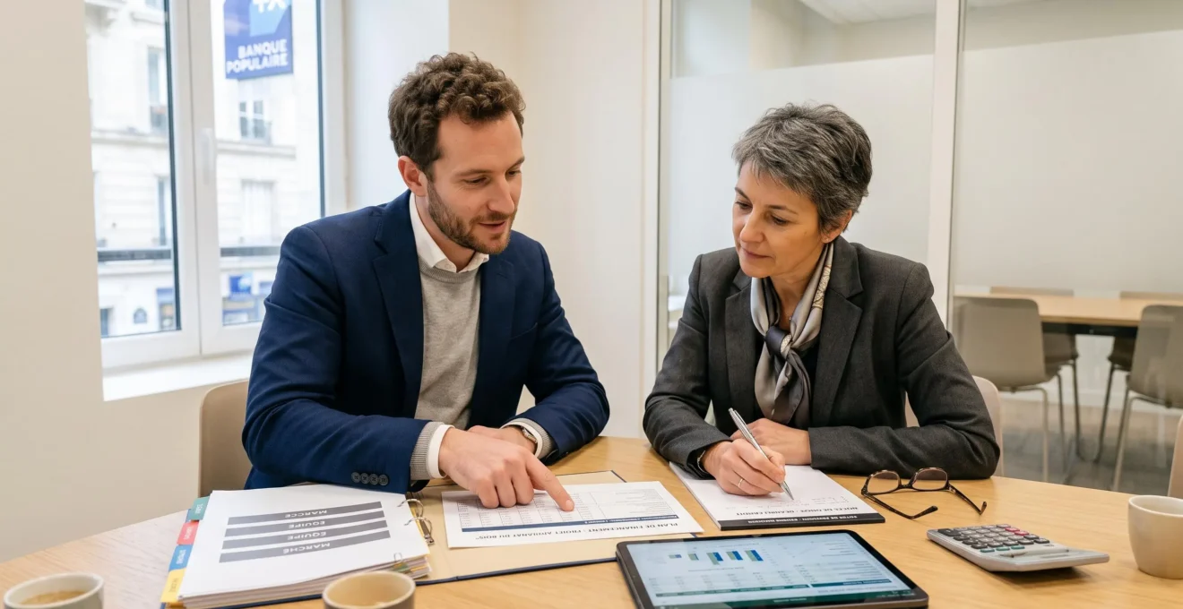 Entrepreneur et conseillère bancaire professionnelle examinant ensemble des documents financiers et un plan de financement lors d'un rendez-vous dans un bureau d'agence