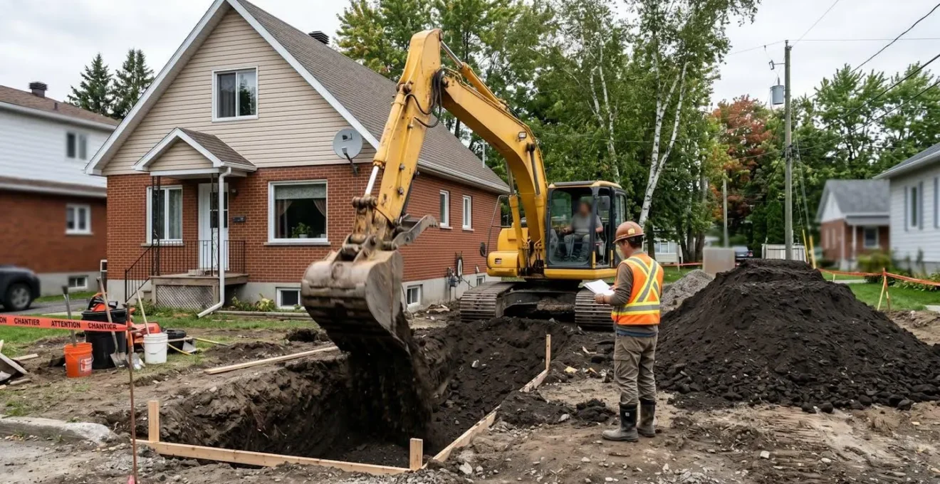 Excavatrice creusant les fondations d'un agrandissement résidentiel à Trois-Rivières sous la supervision d'un entrepreneur en équipement de sécurité