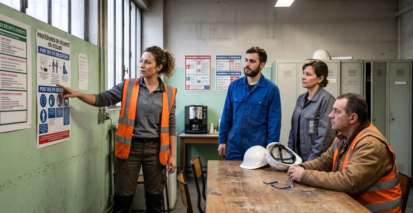 Formatrice HSE animant une session de formation sécurité pour des opérateurs en tenue de travail, dans un environnement industriel français avec affichages réglementaires visibles