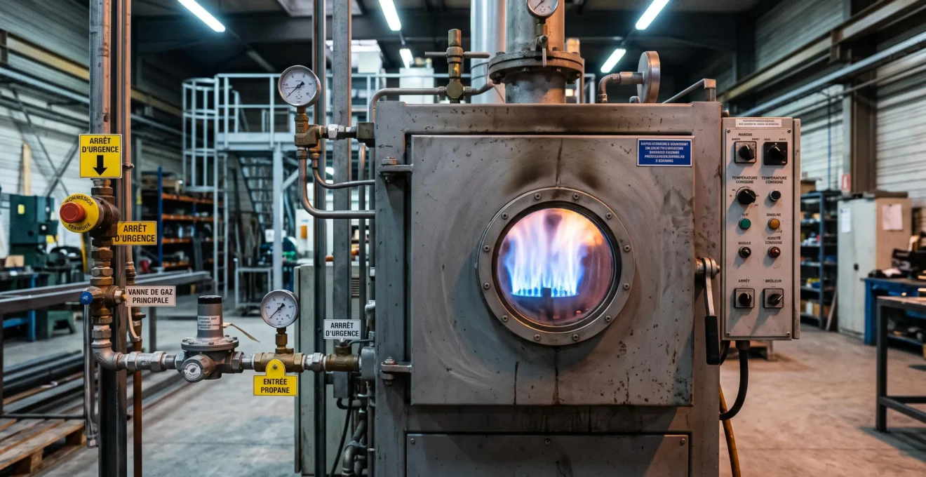 Four industriel en acier en fonctionnement avec flamme bleue de combustion propane visible à travers le hublot de contrôle, tuyauterie d'alimentation gaz apparente, dans un atelier de production
