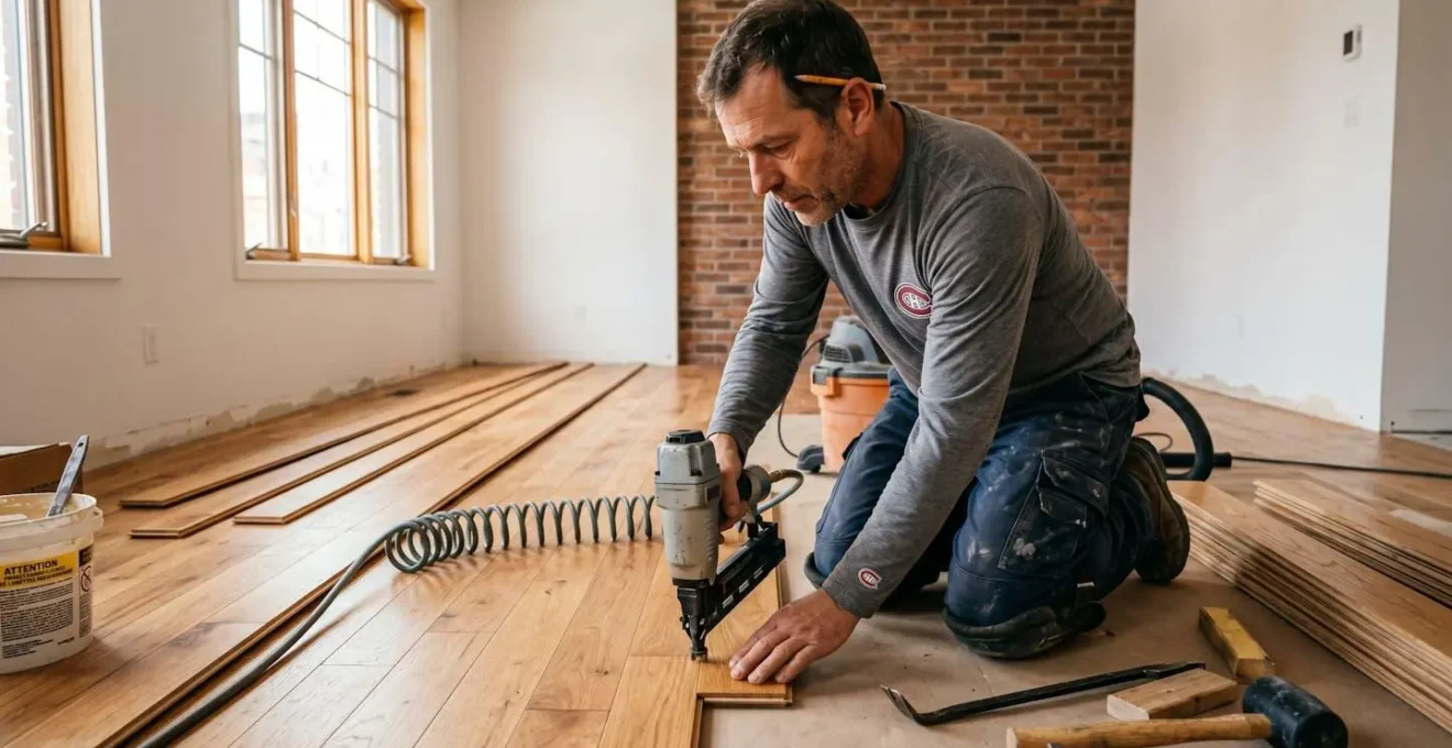 Installateur professionnel utilisant cloueuse pneumatique pour fixer des lames de plancher de bois franc érable dans un salon résidentiel au Québec