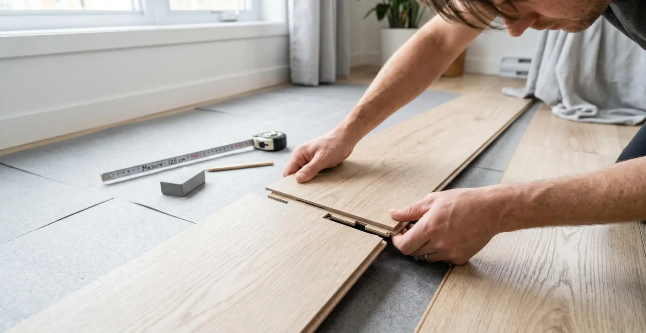 Mains encliquetant deux lames de plancher flottant ensemble, montrant le système de fixation rainure-languette sans colle ni clous, dans contexte d'installation DIY résidentielle