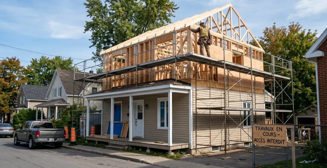 Maison résidentielle québécoise en surélévation avec charpente du nouvel étage en cours de montage et échafaudage métallique