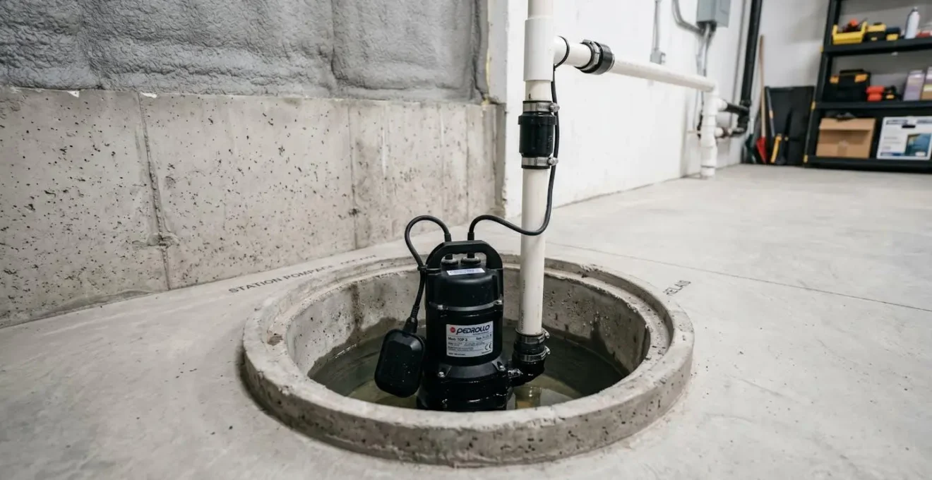 Pompe de puisard submersible noire installée dans bassin collecteur circulaire en béton dans sous-sol résidentiel québécois, avec commutateur flotteur et tuyau de refoulement PVC blanc, éclairage LED neutre, installation professionnelle